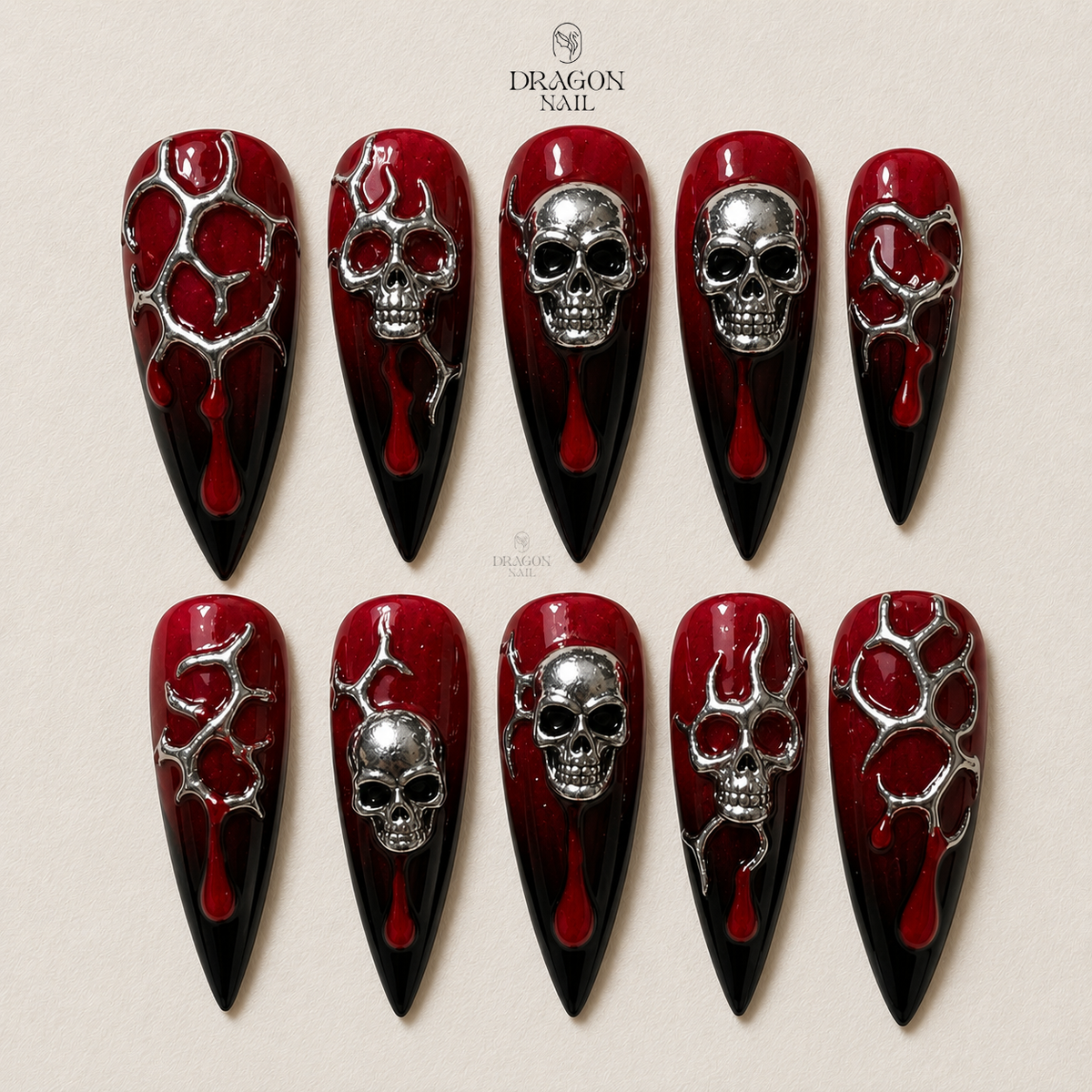 Red Black Gothic Skull 3D Statement Press On Nails