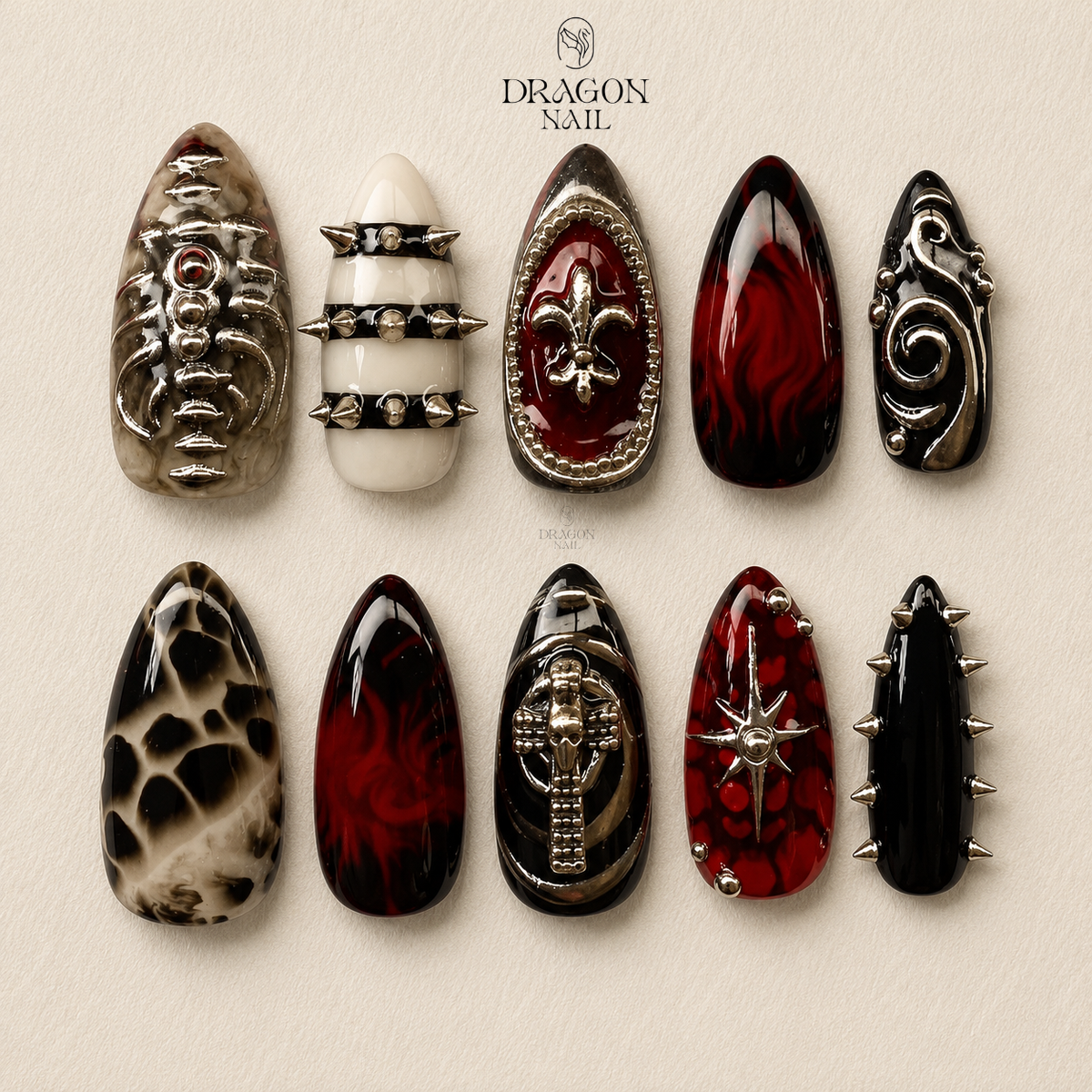 Red Black Grunge Spike Skull Statement Press On Nails