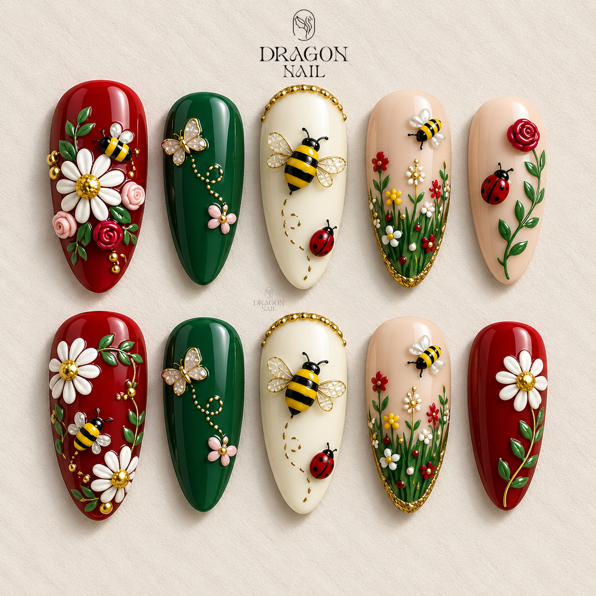 Red Green Floral Bee Ladybug Press On Nails
