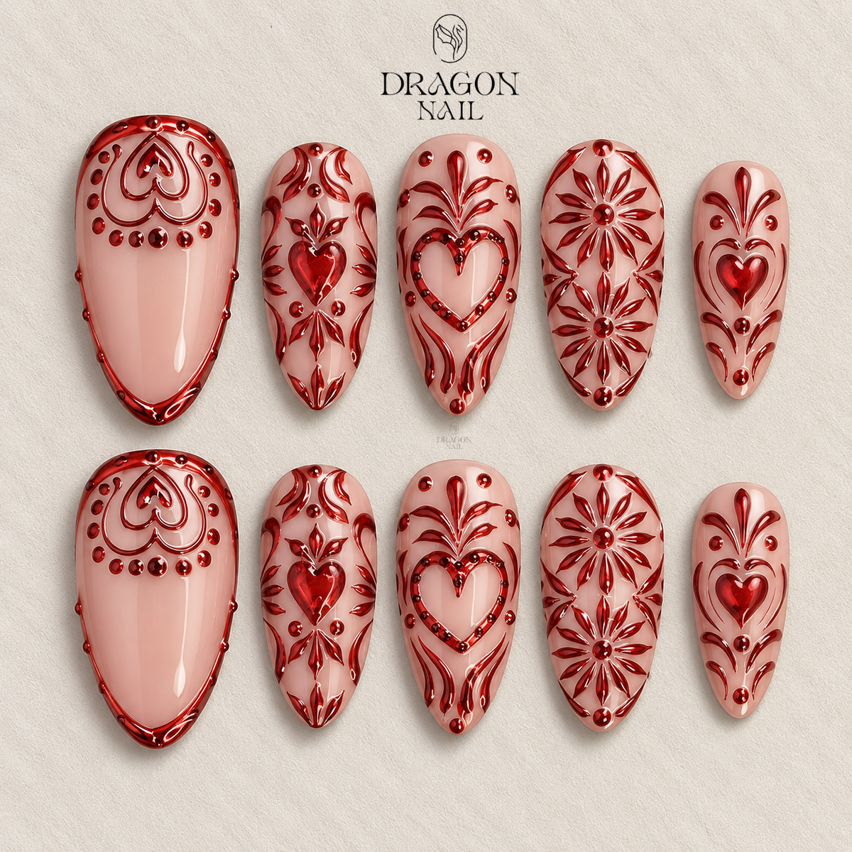 Red Lace Heart Nails, Intricate Valentine Press-On Nail Art Set, Limited Edition