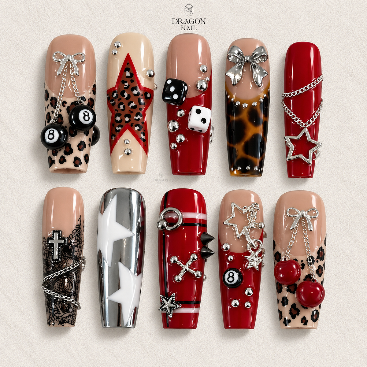 Red Leopard Star Chain Bow Long Coffin Press On Nails