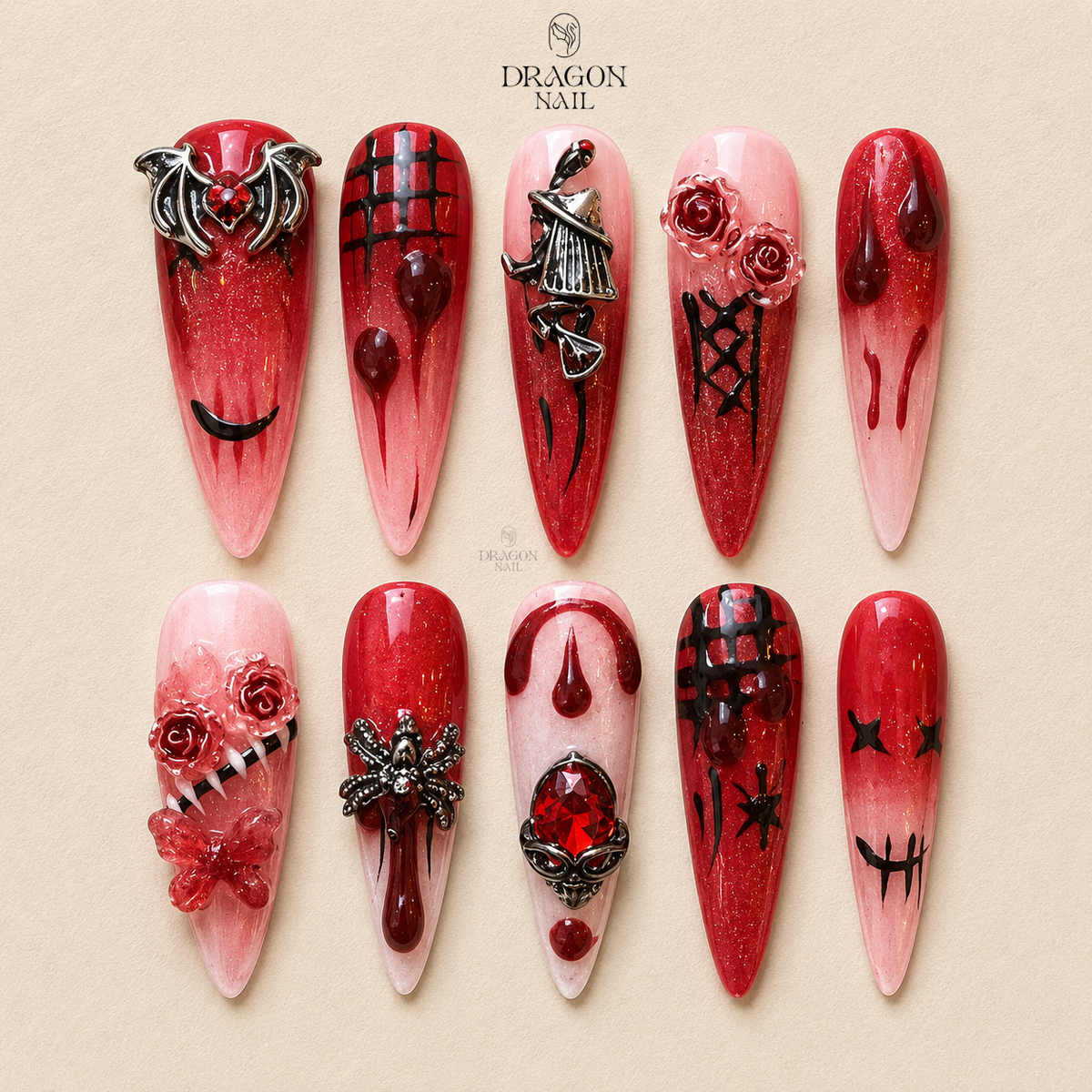 Red Ombre 3D Spooky Charm Stiletto Press On Nails