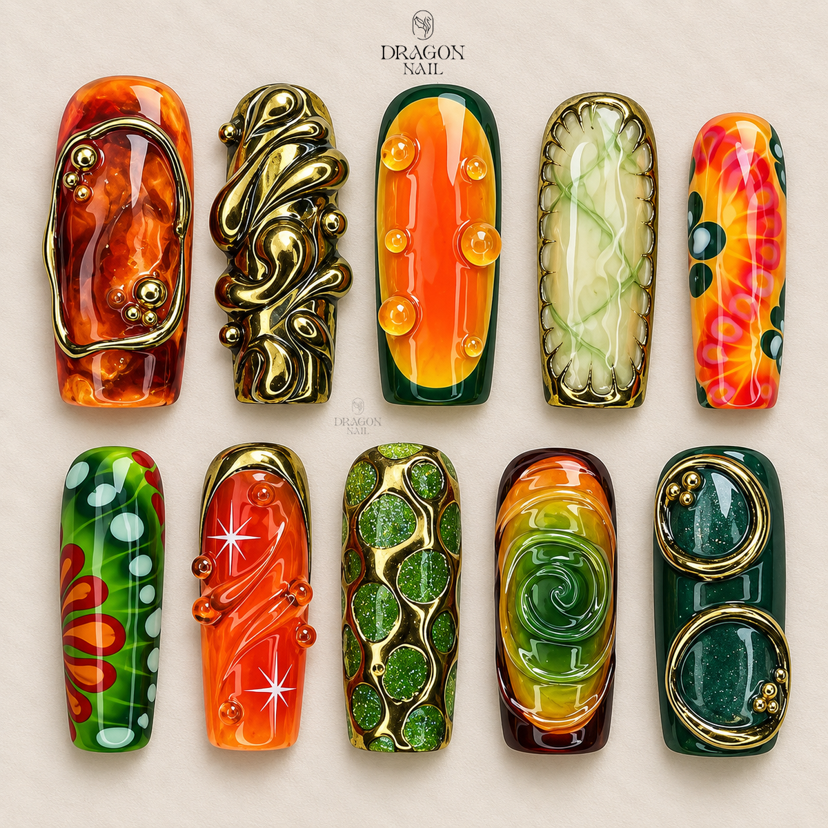 Retro Jungle Lux3D Gold Abstract Green and Orange Swirls