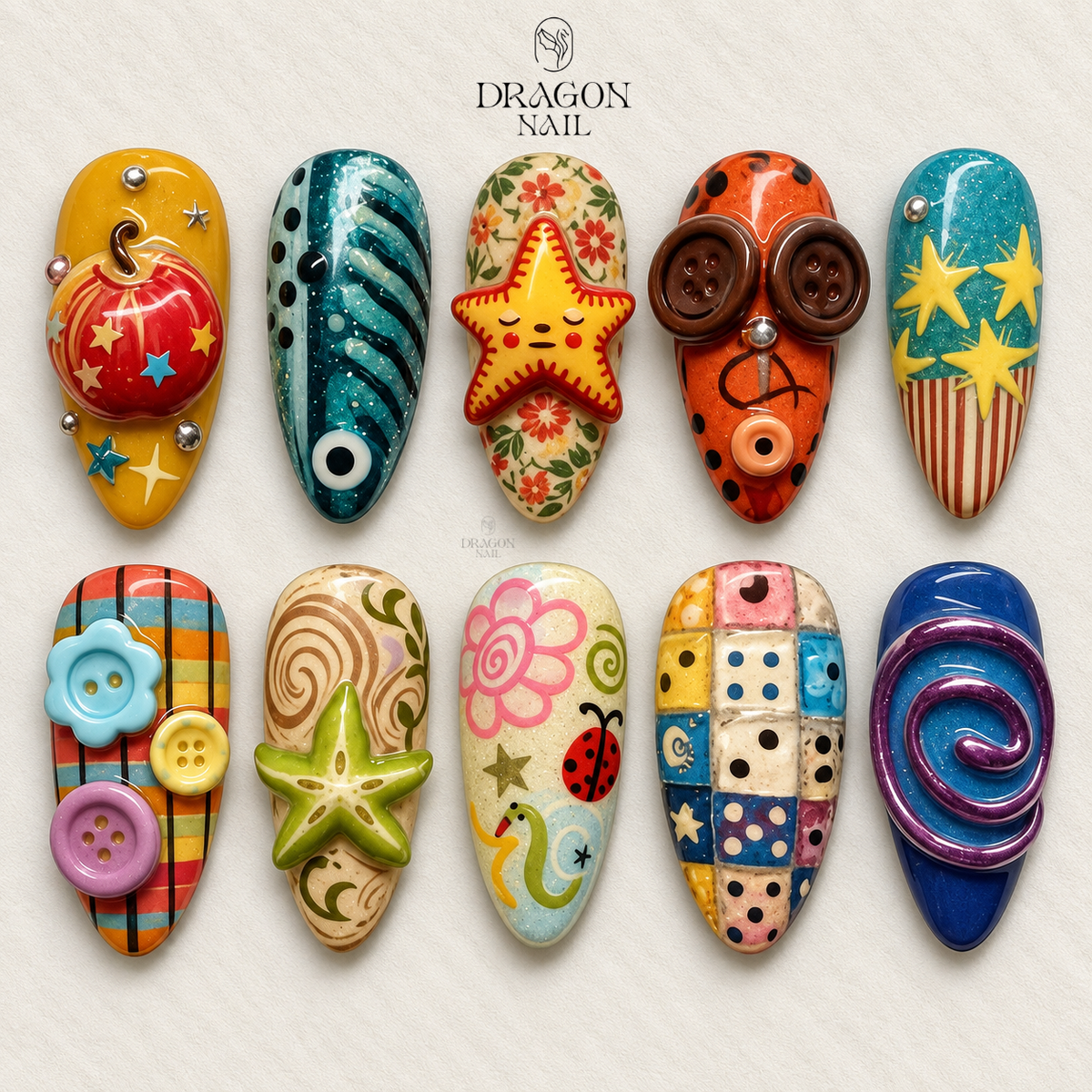 Retro Patchwork Starfish Swirl Multicolor Press On Nails