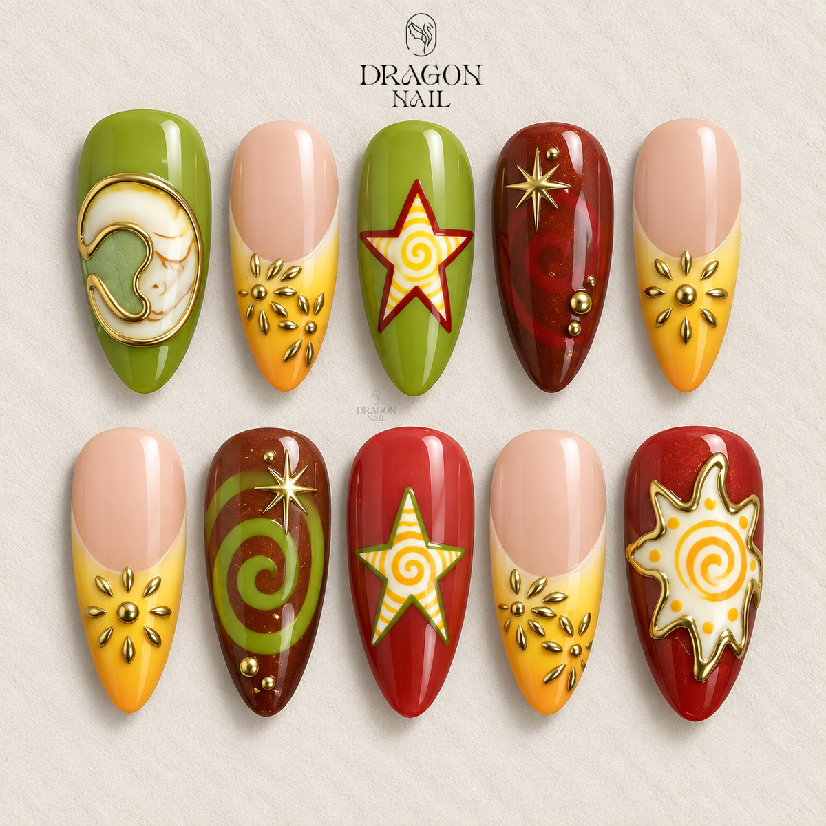 Retro Sun Star Swirl Party Press On Nails
