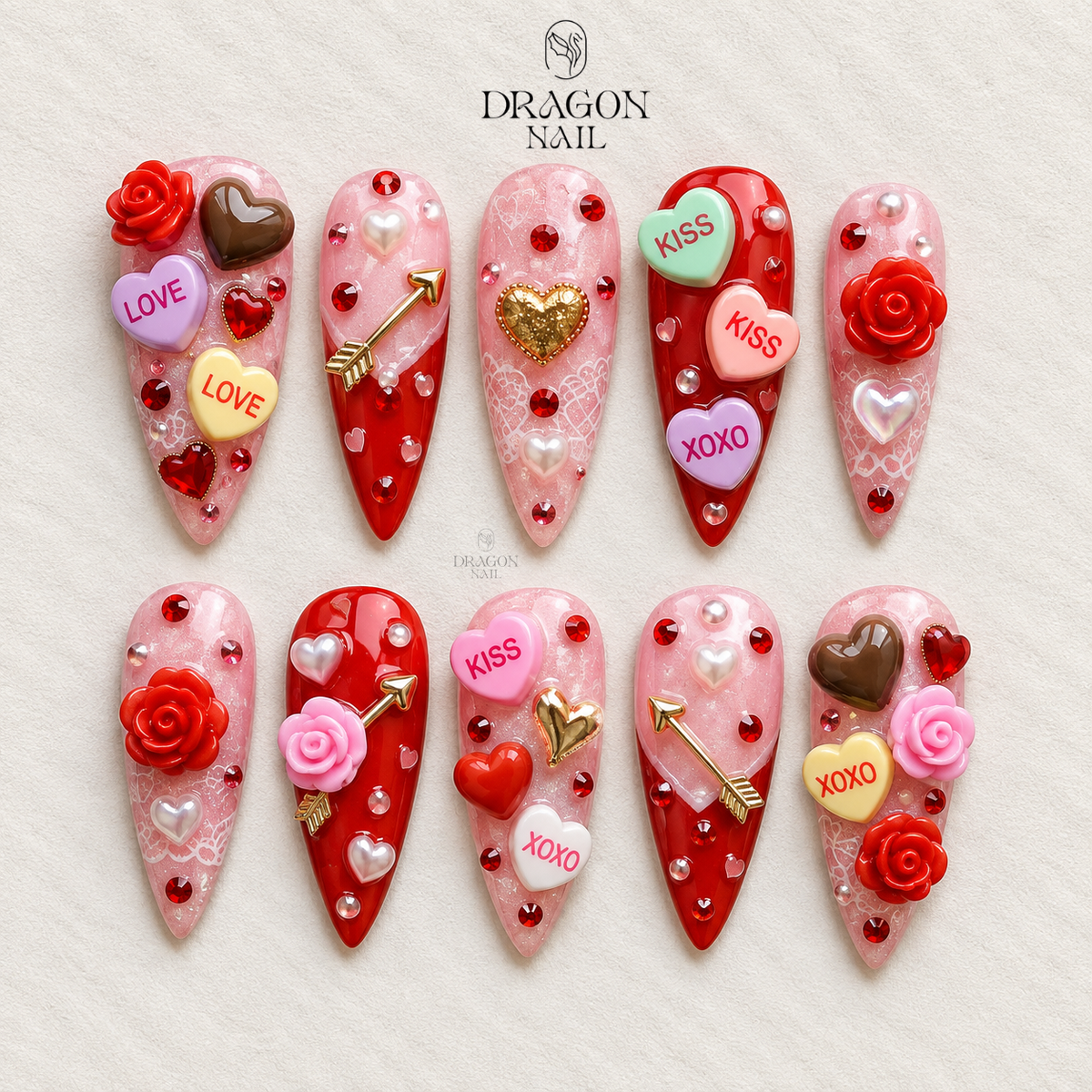 Romantic Heart Rose Crystal Press On Nails