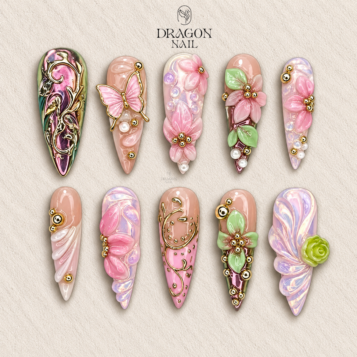 Romantic Pastel Floral & Gold Accent Press On Nails