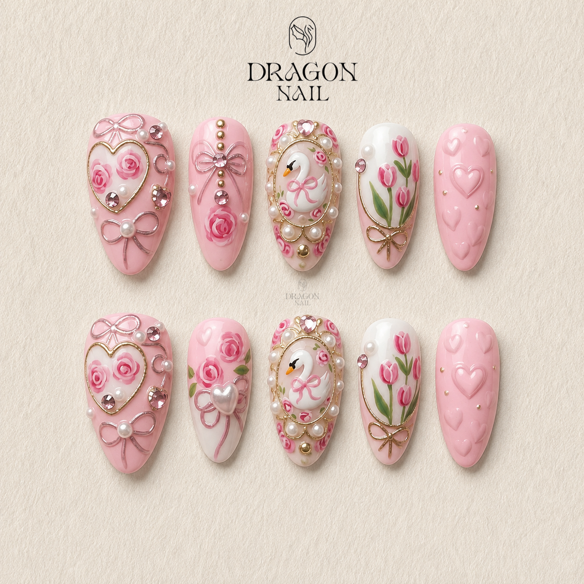 Romantic Swan Coquette Pearl Bow Floral Press On Nails