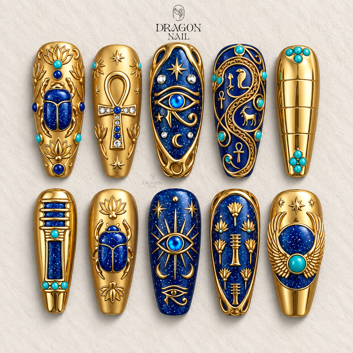 Royal Gold Blue Pharaoh Luxury Press On Nails