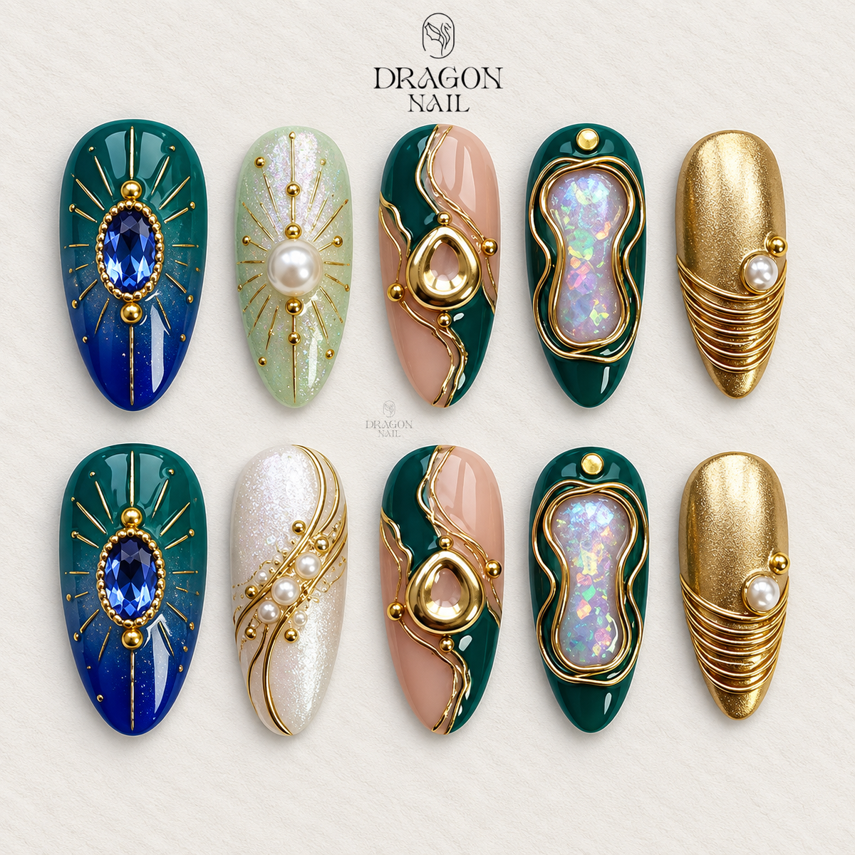Royal Teal Summer Gold Elegant Luxury Press On Nails