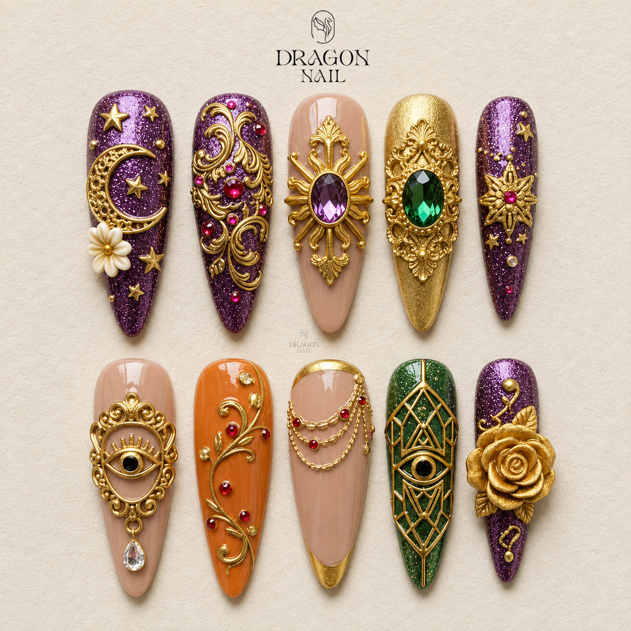 Royal Purple Celestial Floral Gem Press On Nails