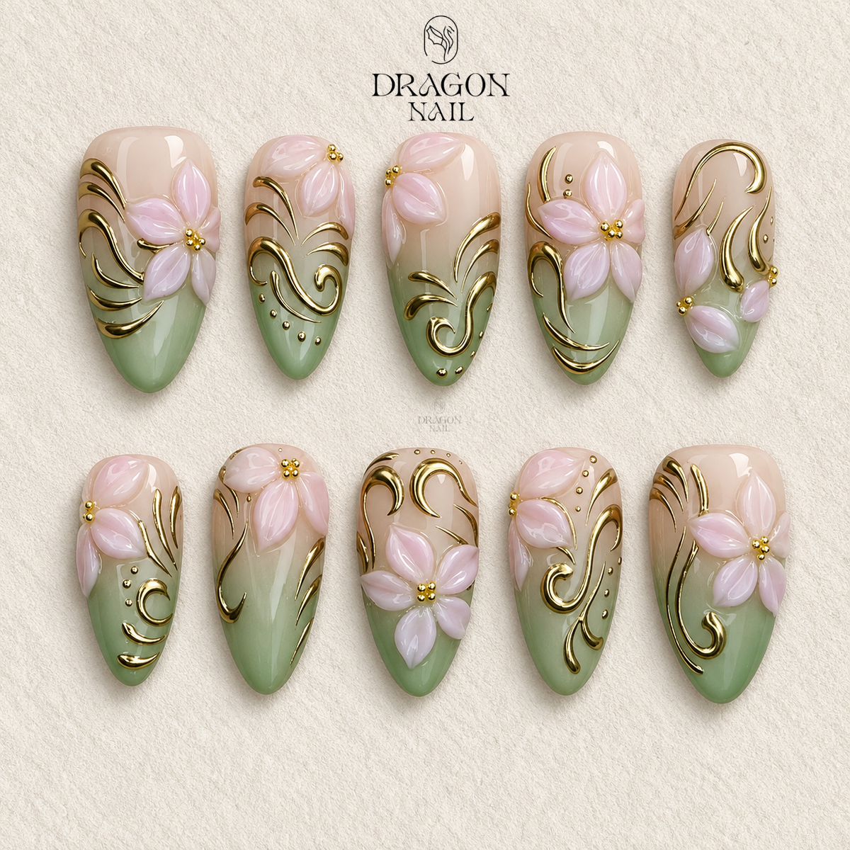 Sage Green Pink Floral Gold Swirl Press On Nails