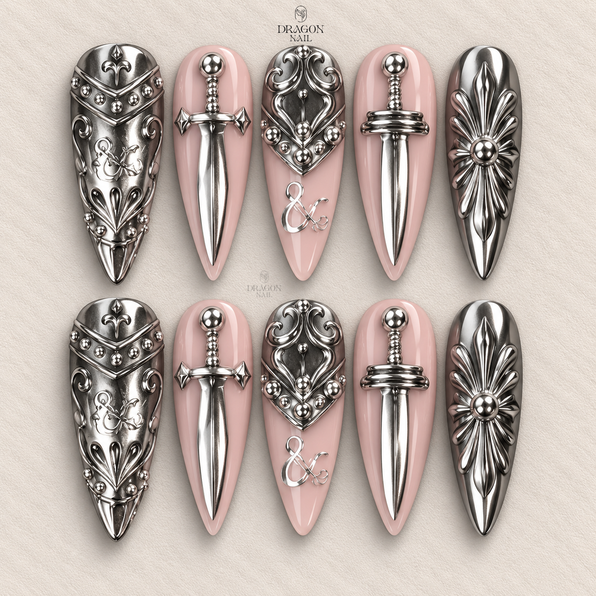 Silver Armor Sword Dark Fantasy Gothic Press On Nails
