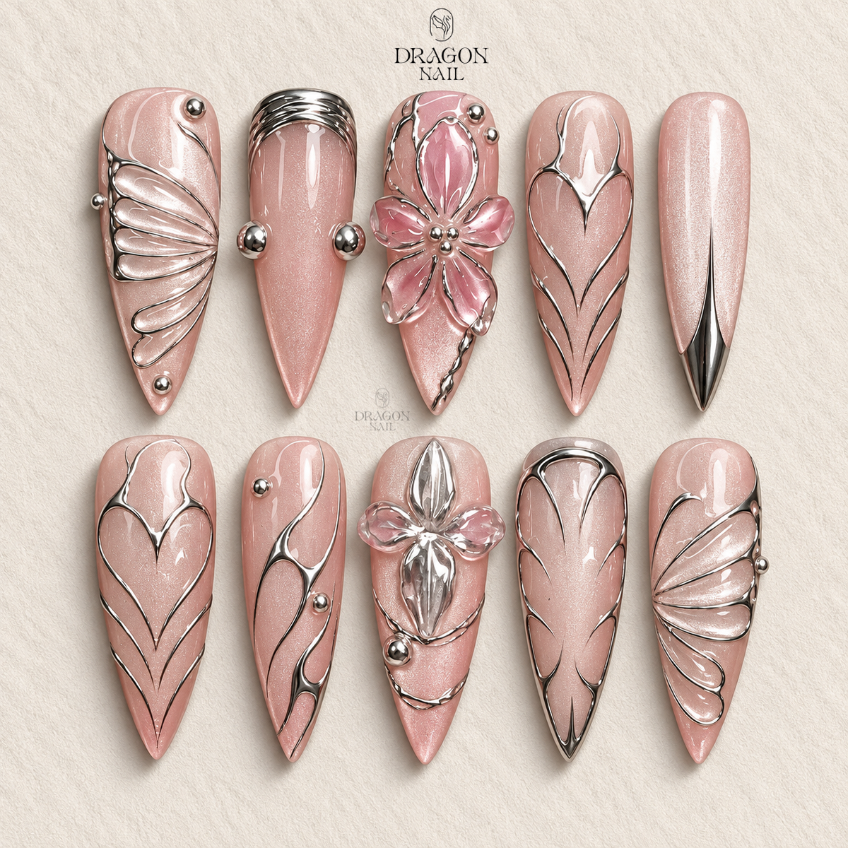 Silver Chrome Butterfly Wing Metallic Press On Nails