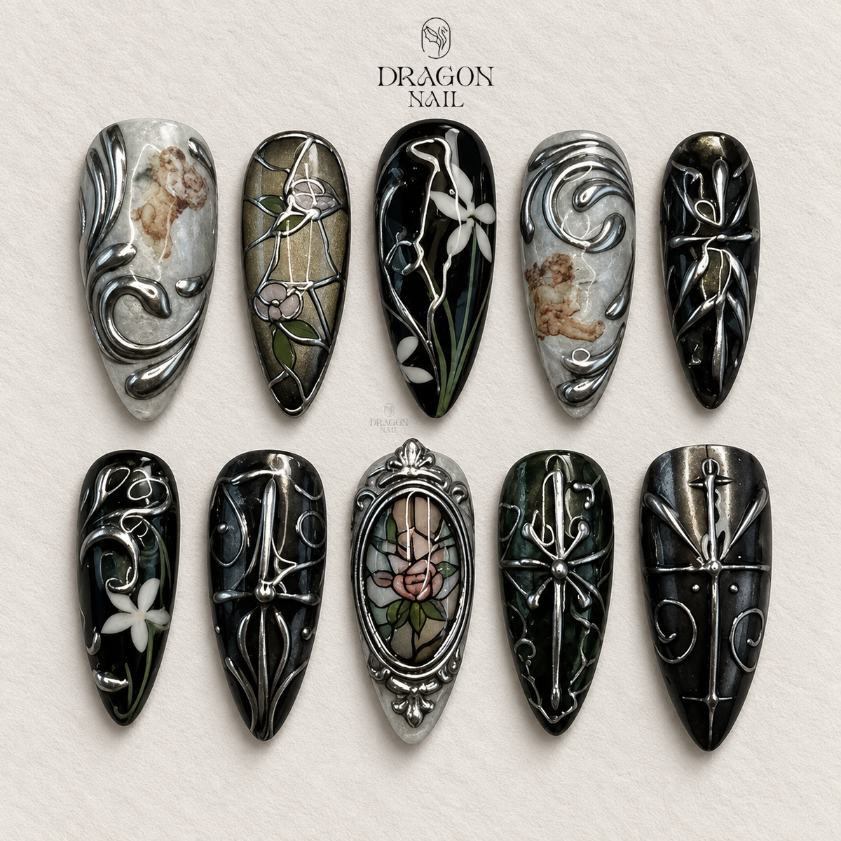 Silver Baroque Mirror Frame Rose Gothic Press On Nails