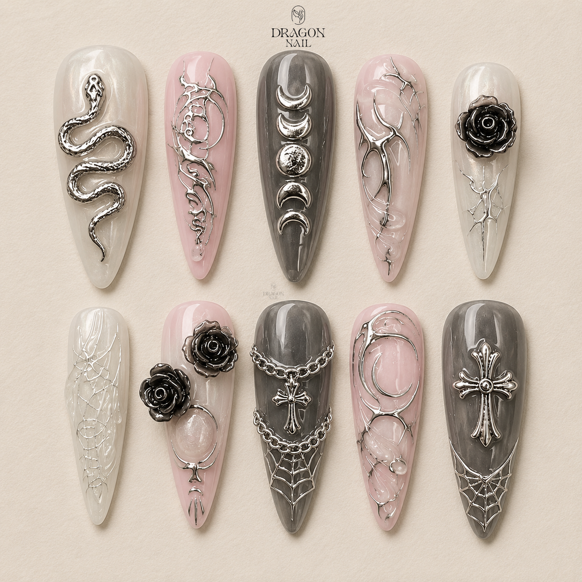 Silver Serpent Floral Press On Nails