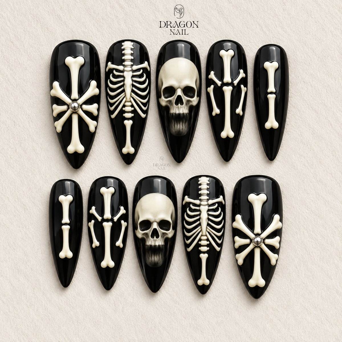 Skeleton Bone Black Gothic Almond Stiletto Press On Nails