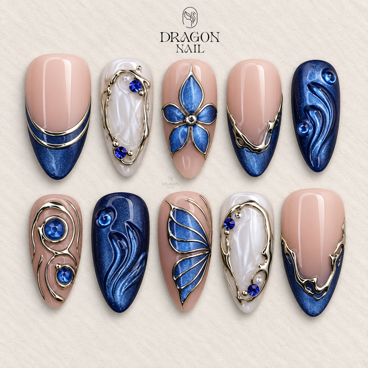 Soft Blue 3D Floral Ocean Garden Press On Nails