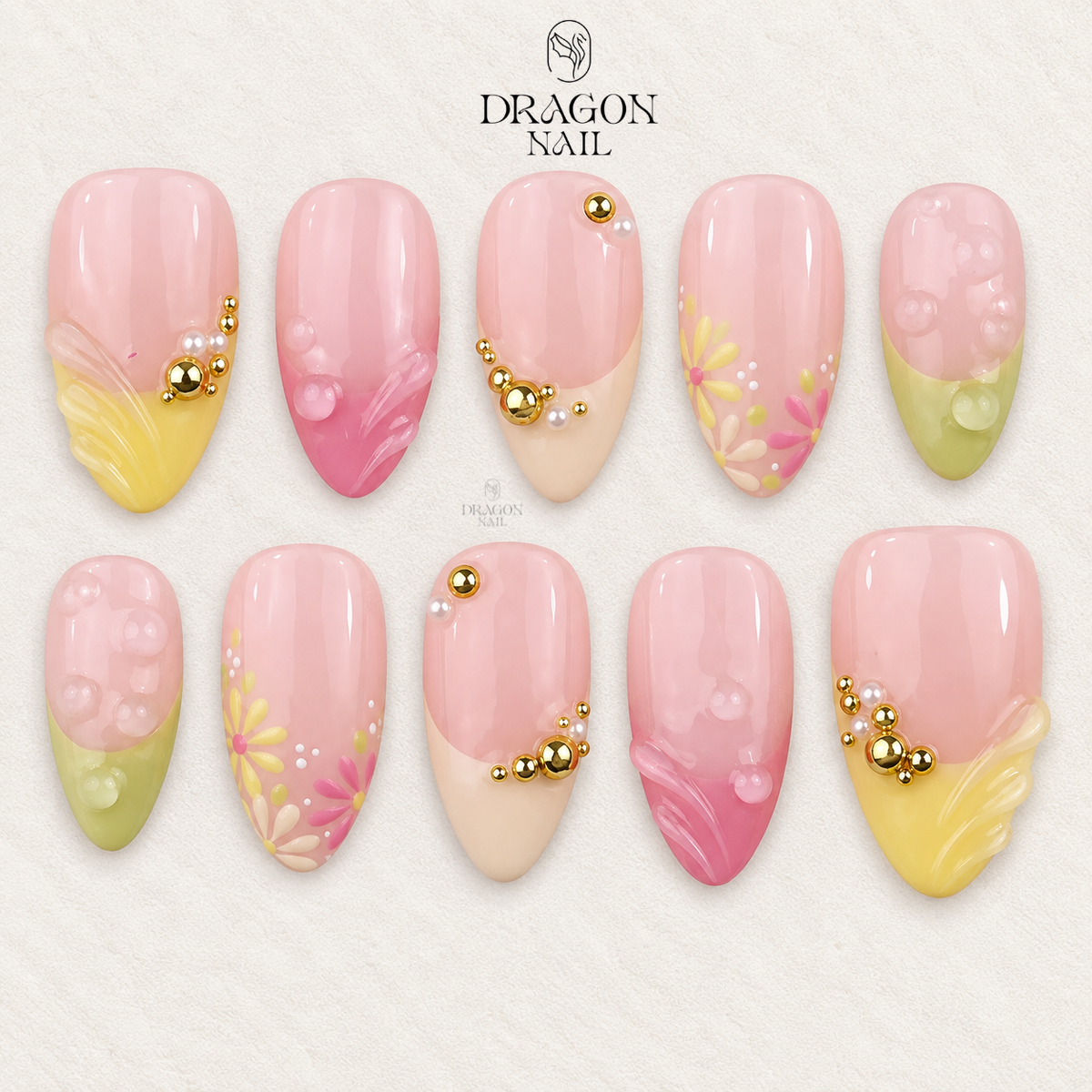 Soft Pastel Floral Almond Spring Press On Nails with Gold Beads