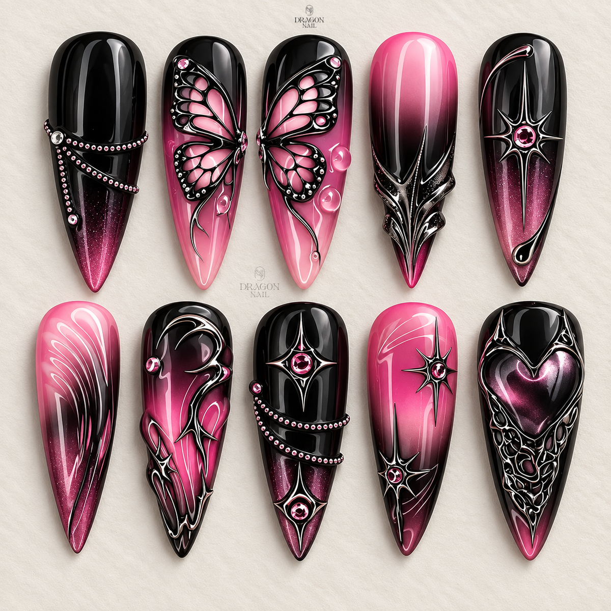 Soft Pink Gothic Butterfly Chrome Press On Nails
