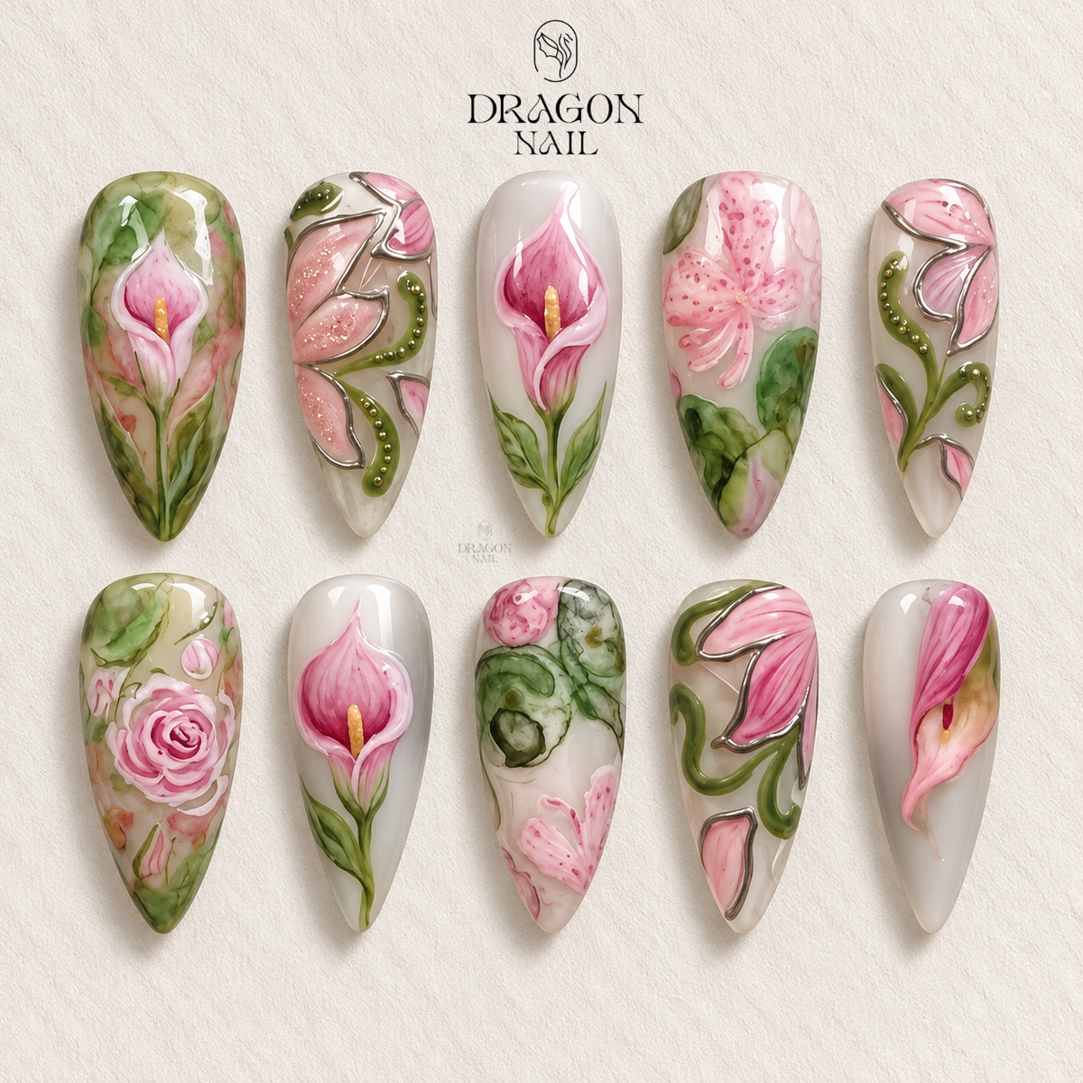 Soft Pink Lily Rose Hand Painted Floral Botanical Press On Nails