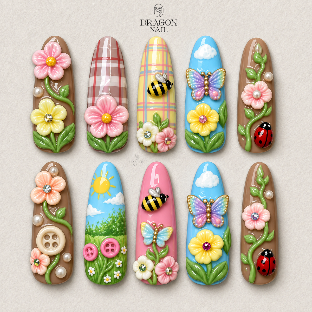 Spring Garden Floral Butterfly Bee Press On Nails