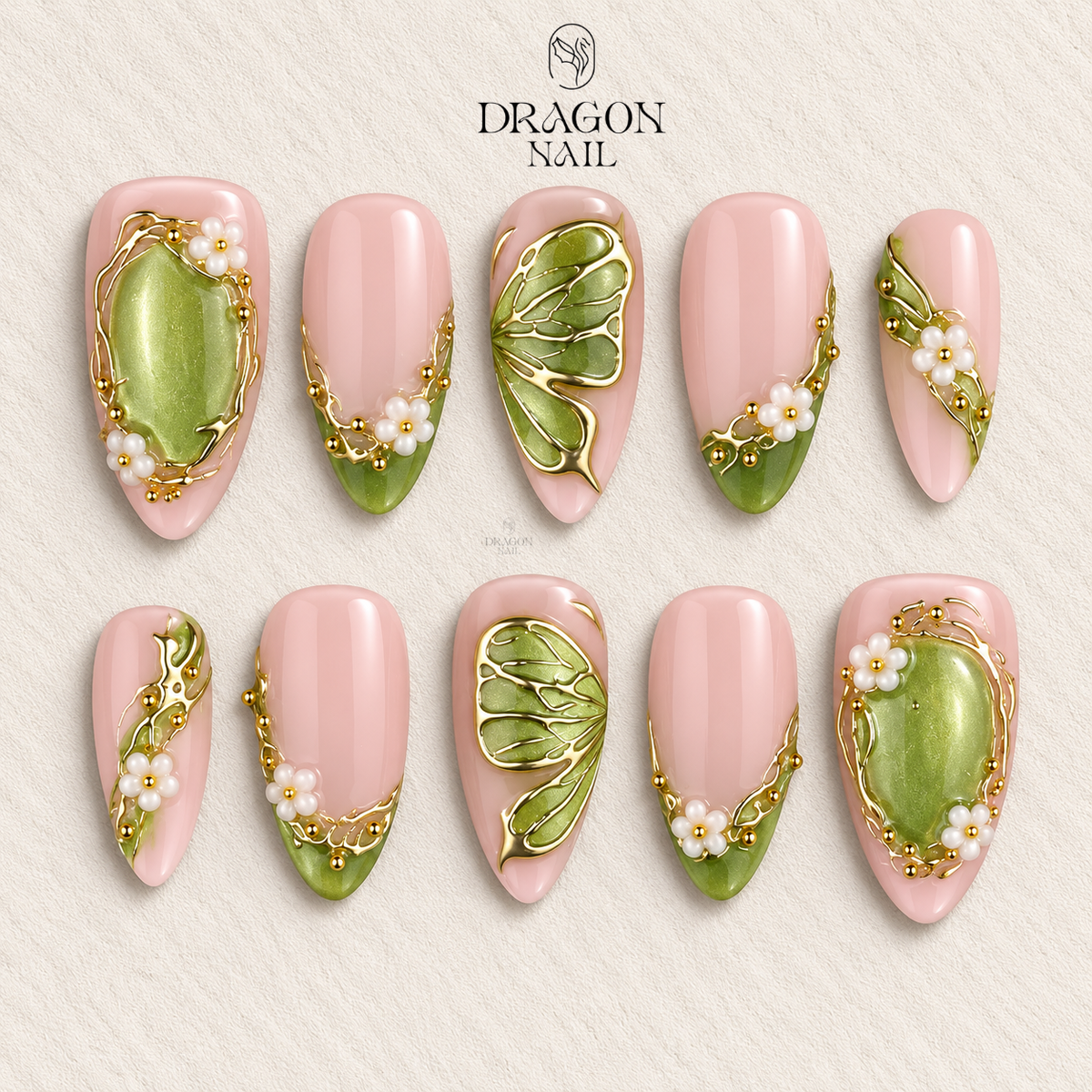 Spring Green Press On with Floral & Butterfly | Gold Fake Nails in Medium Almond | Handmade Nail Art for Everyday Wear Or Gift