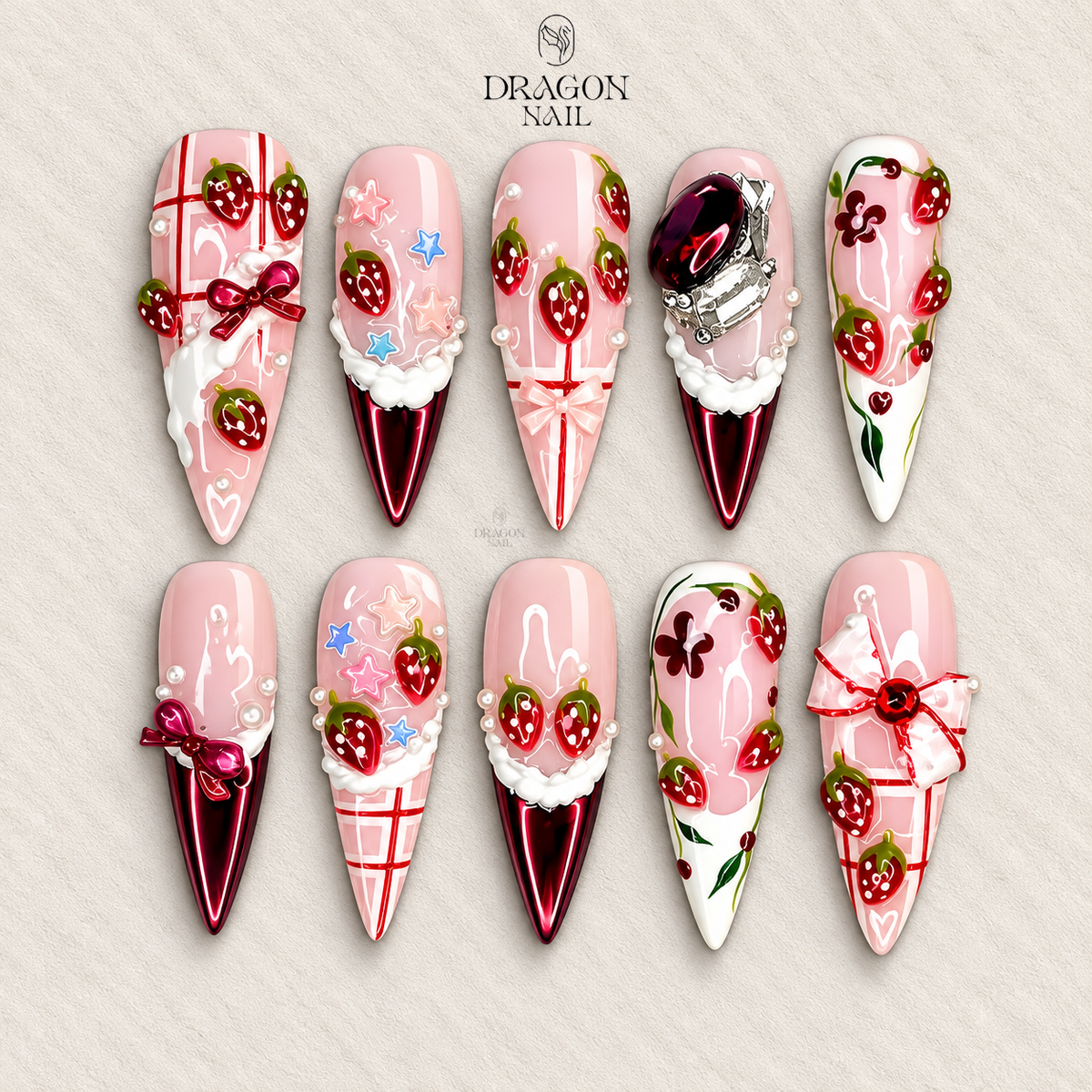 Strawberry Nails, 3D Whipped Cream & Red Chrome Press-On Set, Limited Edition