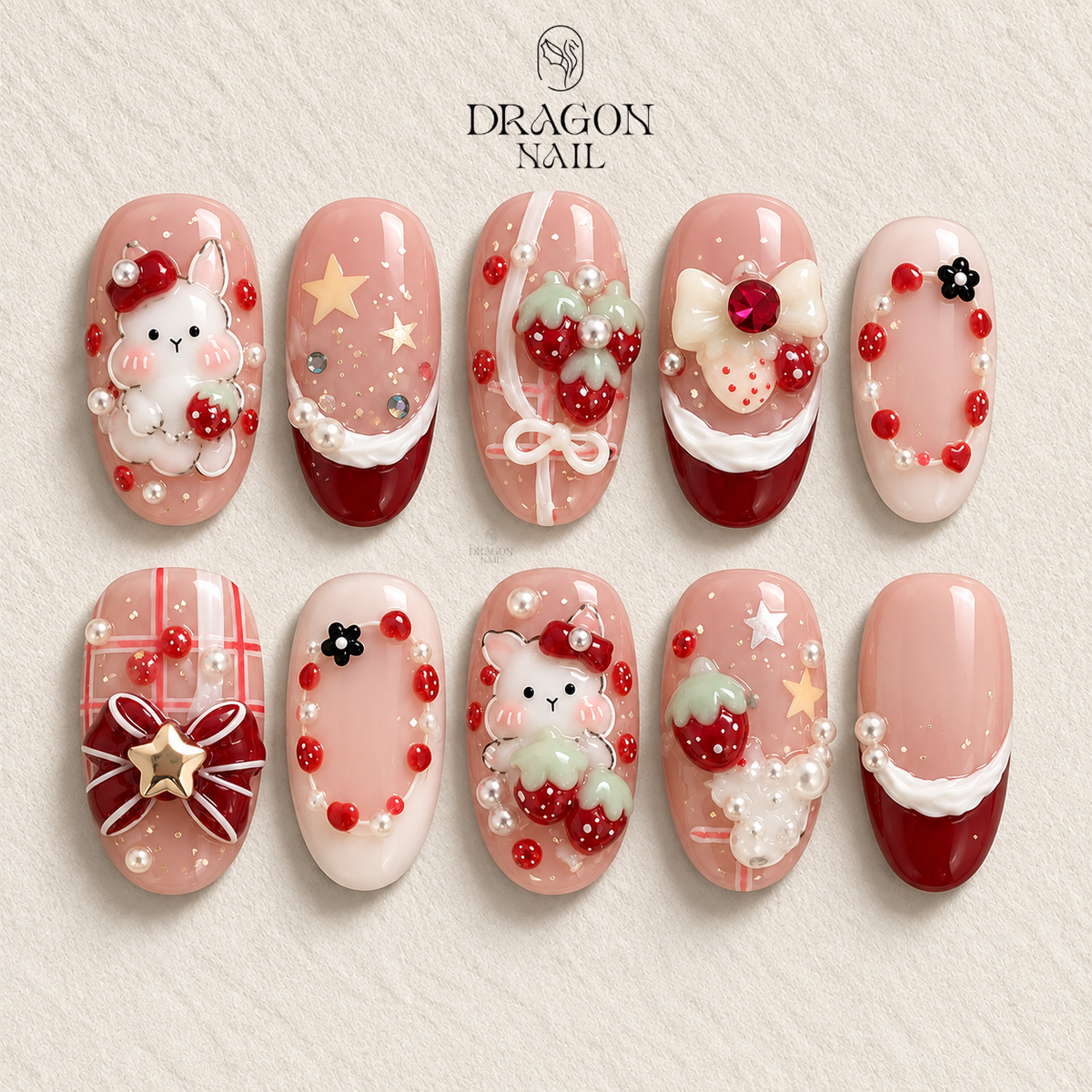 Strawberry Bunny Cute Red Pink Reusable Press-On Set With Bows & Pearls