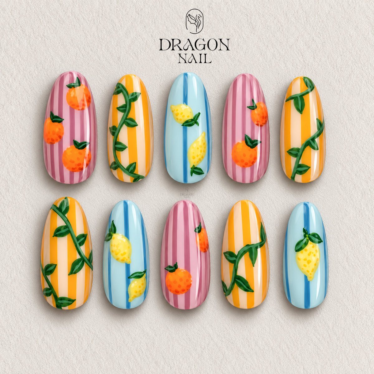 Striped Hand Painted Fruit Summer Pop Art Press On Nails