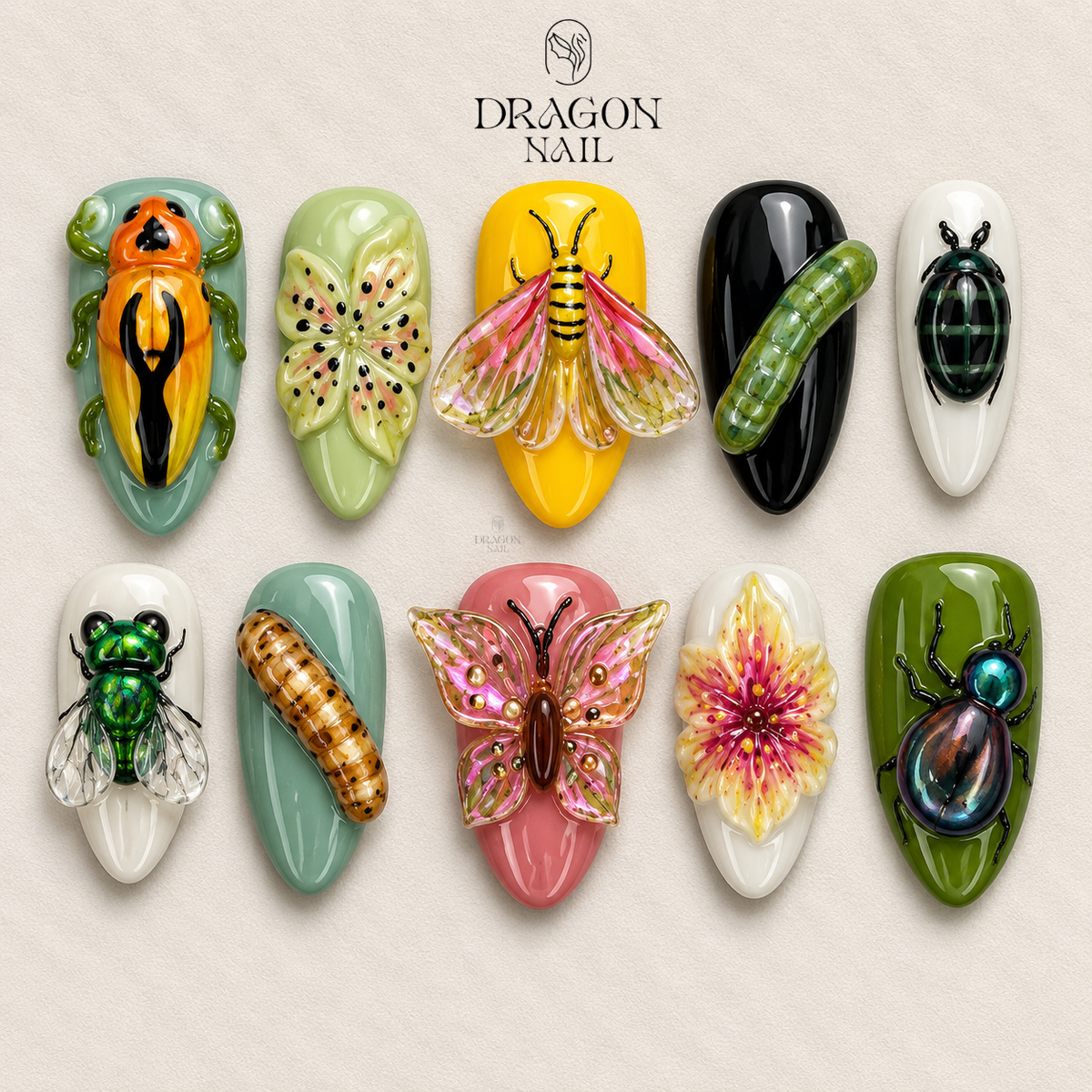 Summer Bug Garden Whimsical 3D Nature Floral Press On Nails