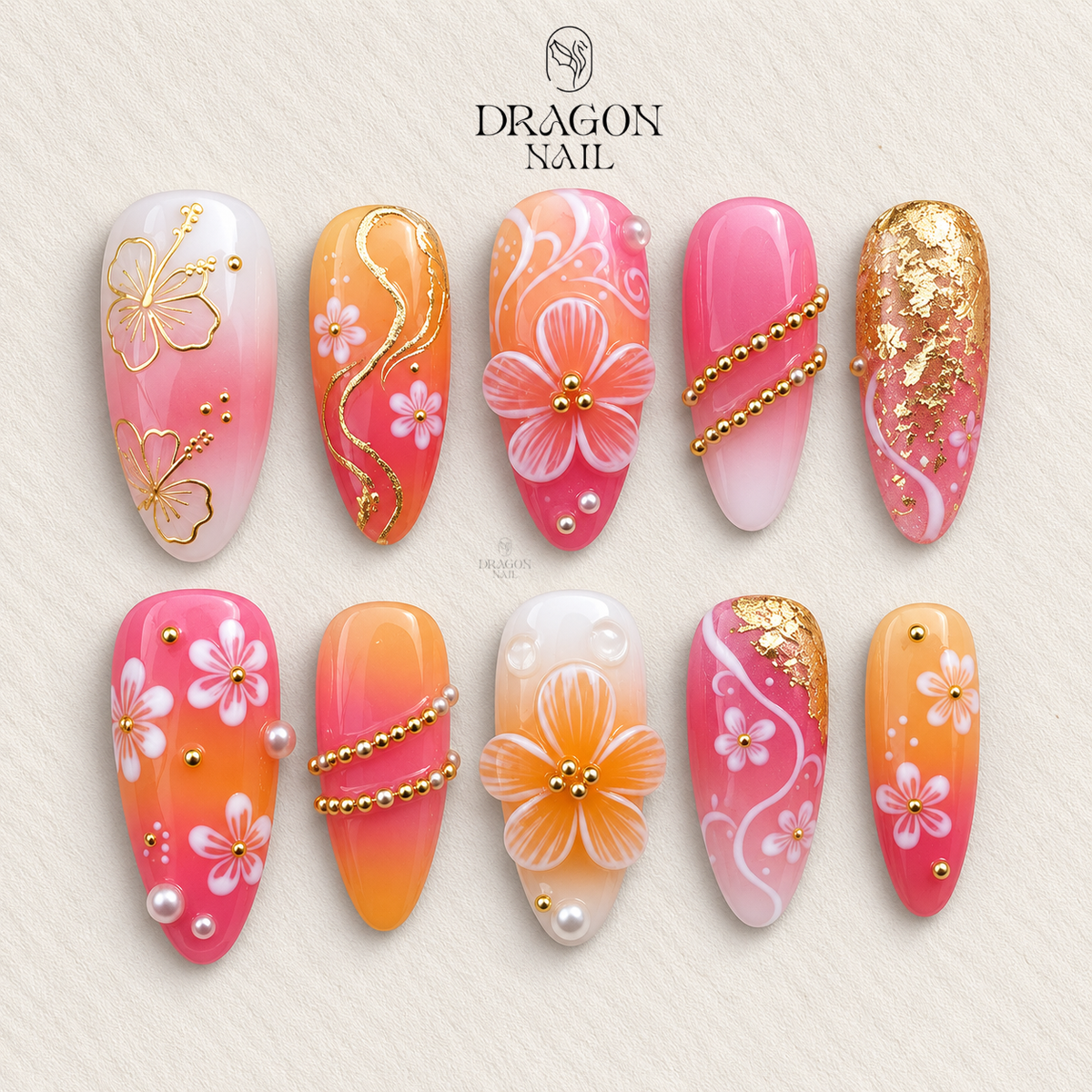Sunset Glow Hibiscus Ombre 3D Press On Nails