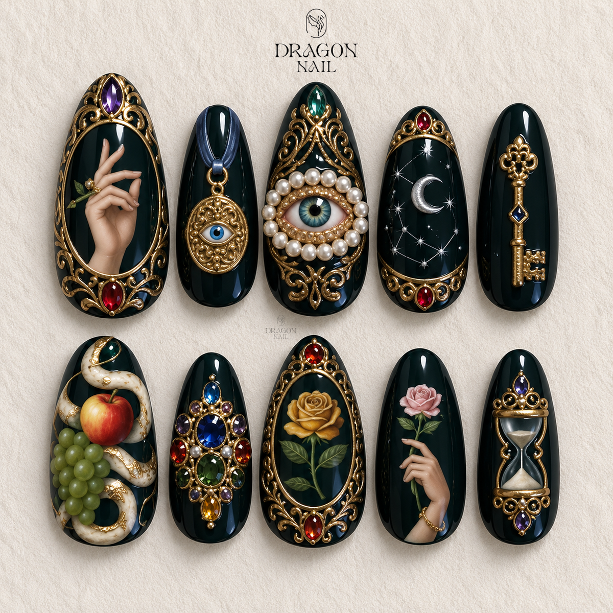 Surreal Ornate Eye Pearl Gold Press On Nails