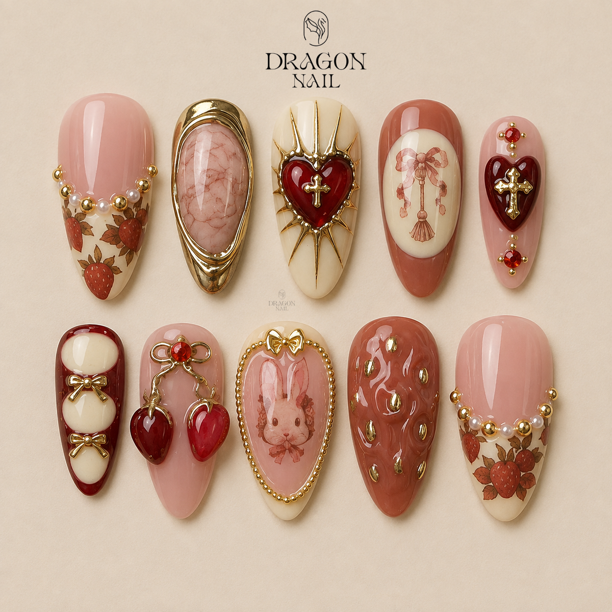 Sweet Gothic Strawberry Heart Pink Almond Press On Nails