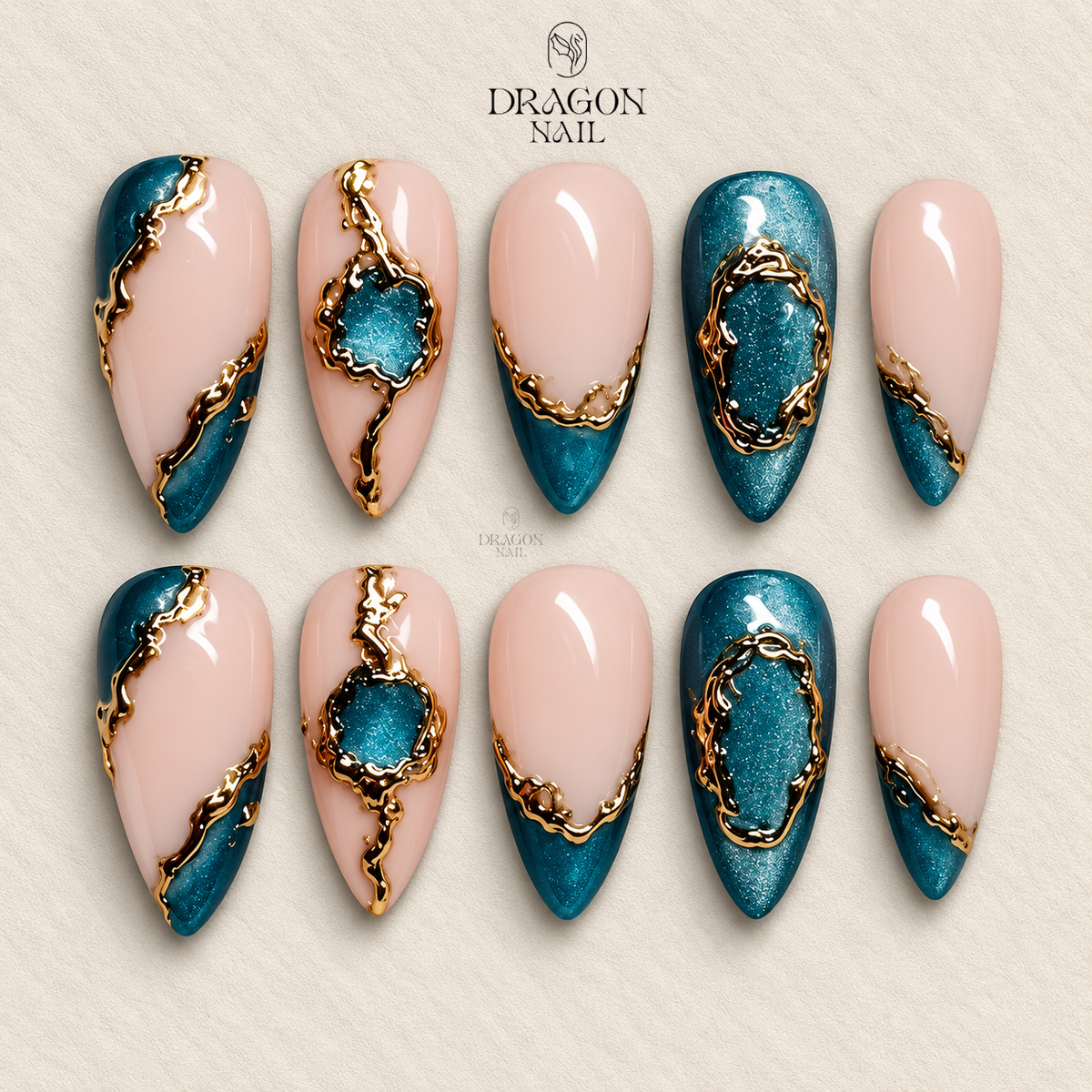 Teal Cat Eye Gold Foil Press On Nails