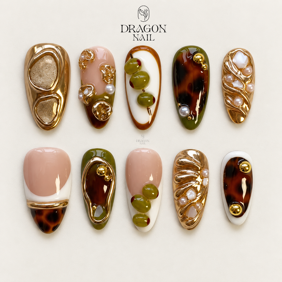 Olive Green French Tip Gold Chrome Cocktail Press On Nails