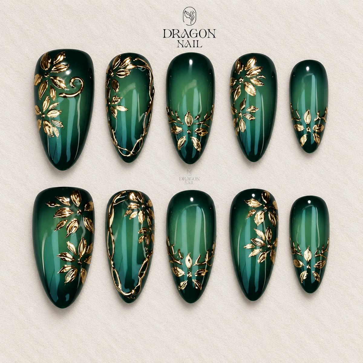 Green Ombre Gold Floral Elegant Almond Press On Nails