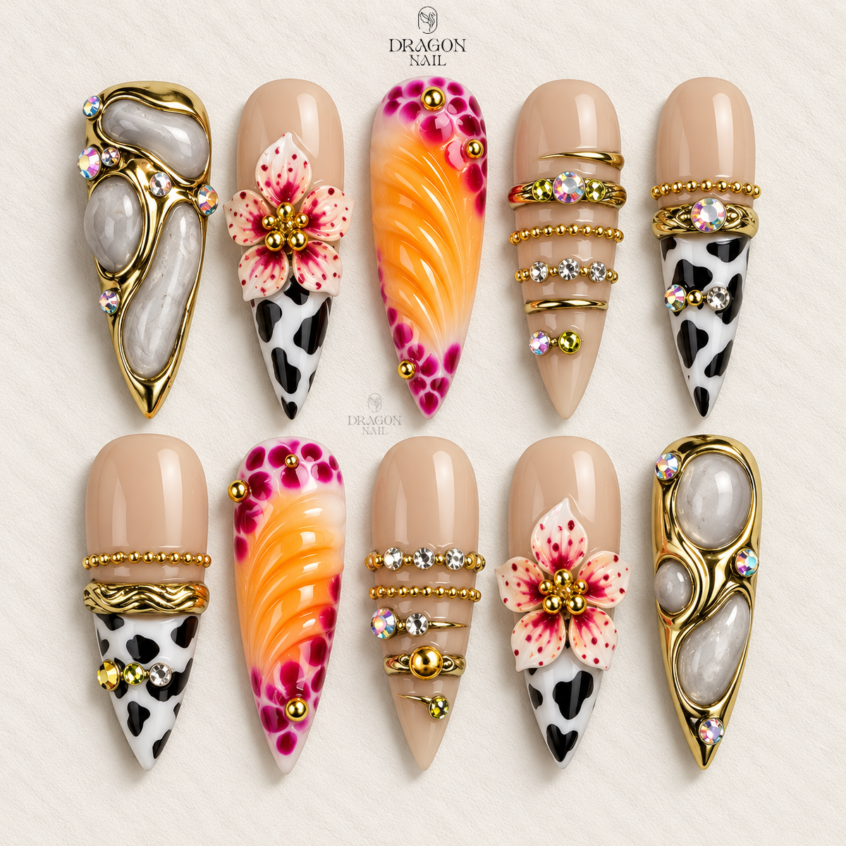 Tropical Boho Cow Print Floral Rhinestone Stiletto Press On Nails