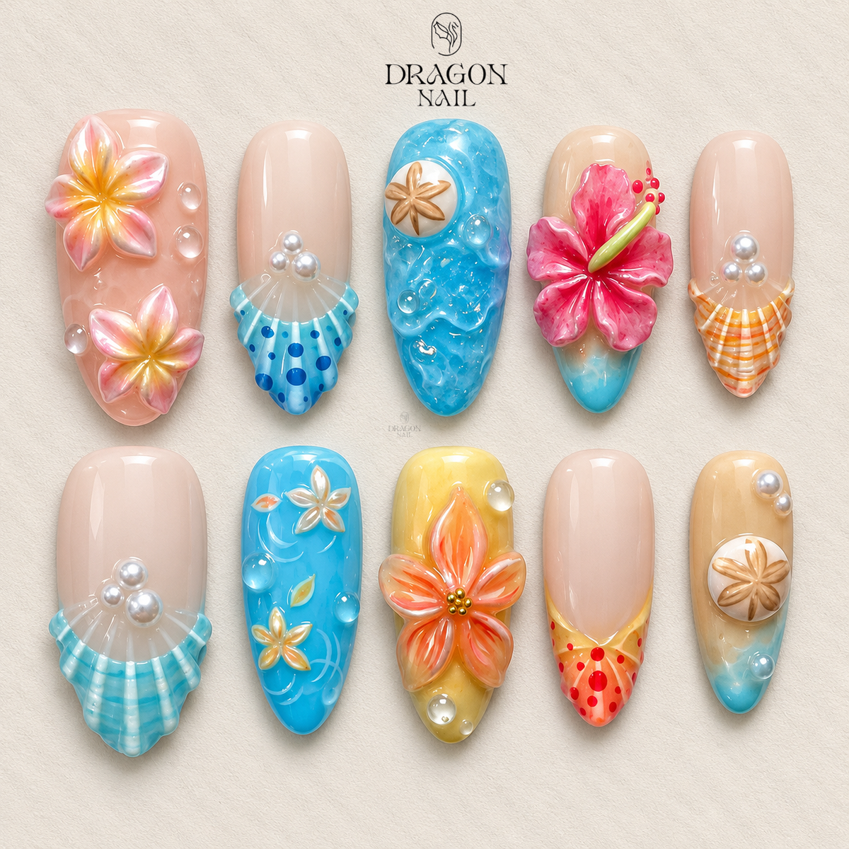Tropical Ocean Bloom 3D Floral Press On Nails