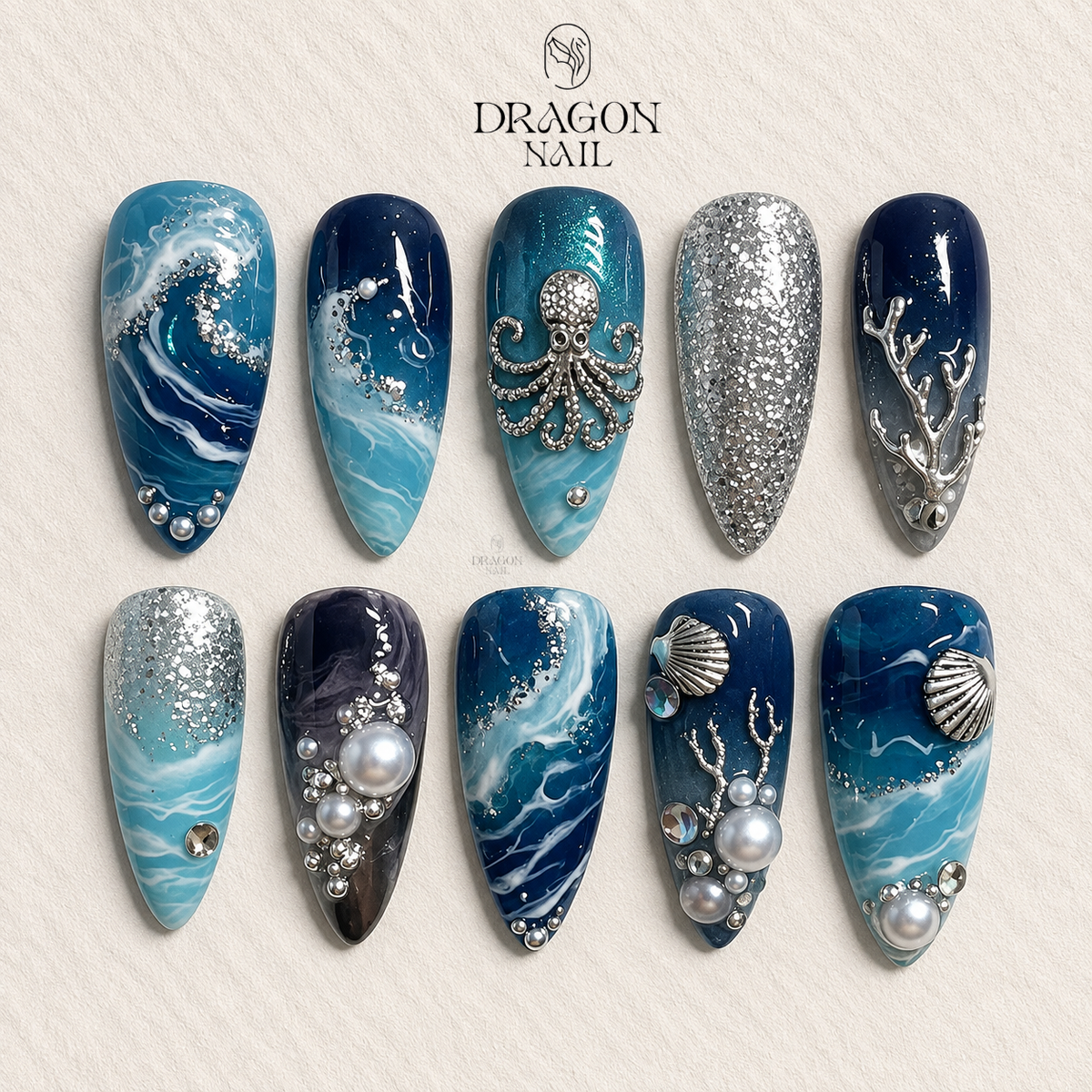Underwater Wave Pearl Ocean Fantasy Press On Nails
