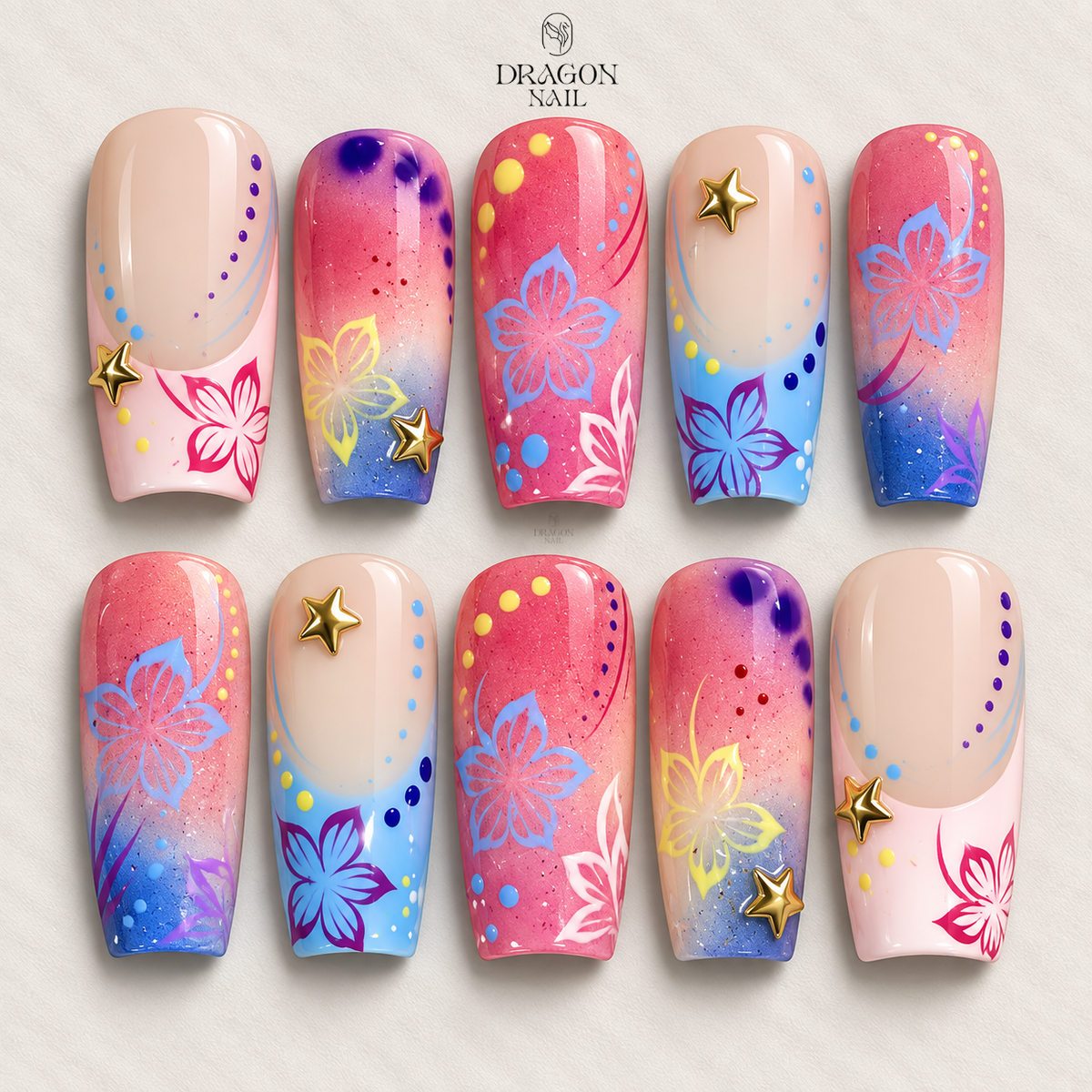 Unique Colorful Flower | Medium Square Press On Nails