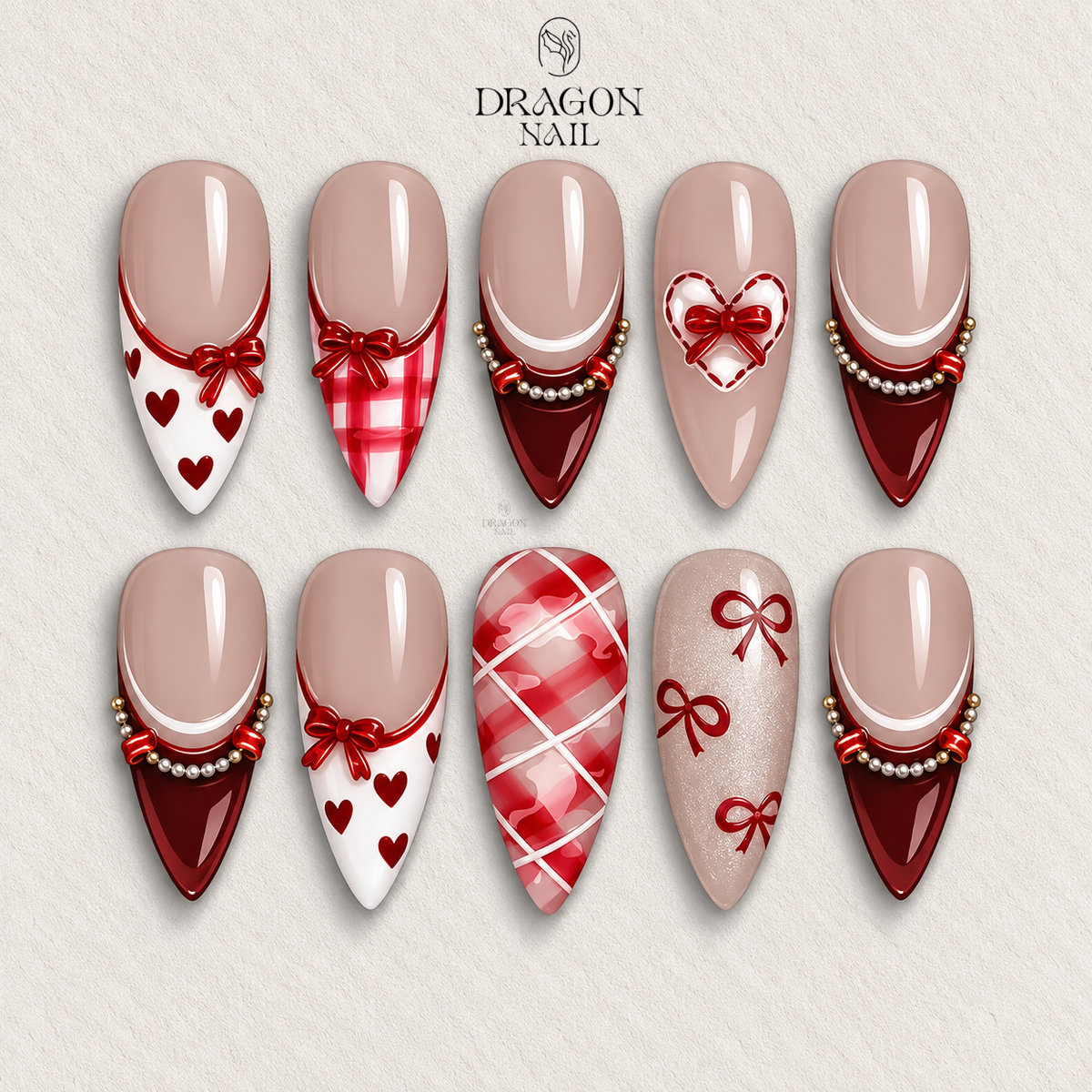 Valentine Bow & Heart Nails, Red & White Gift-Inspired Press-On Set, Limited Edition