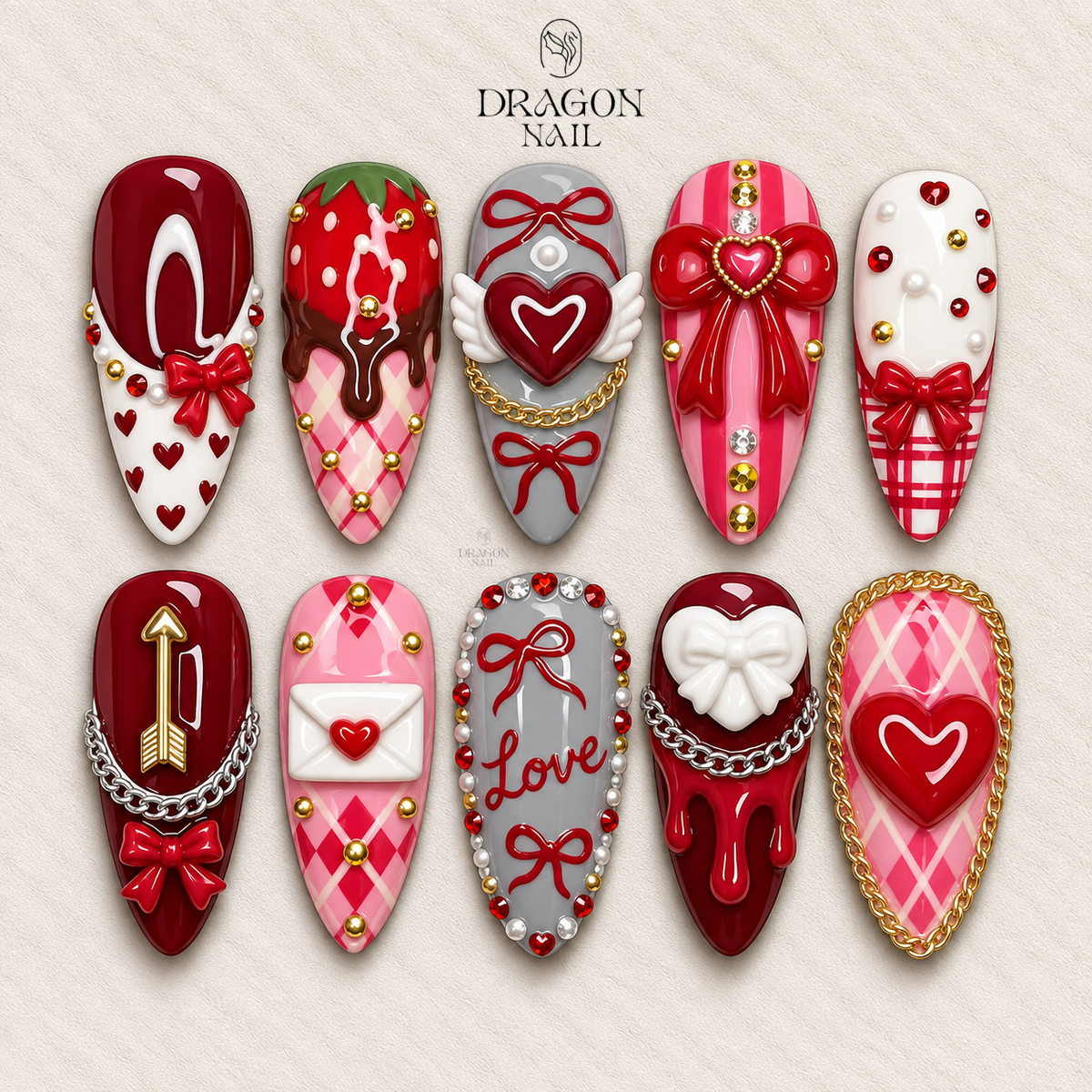 Valentine Coquette Heart Nails, Red Pink Bow Press-On Nail Set With 3D Charms