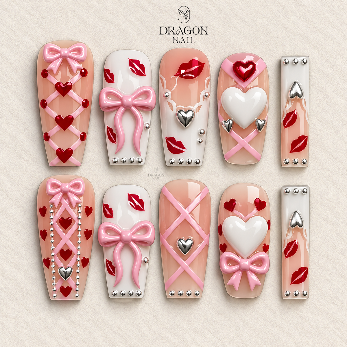 Valentine Coquette Nails, Pink Bow Hearts & Kiss Press-On Nail Set