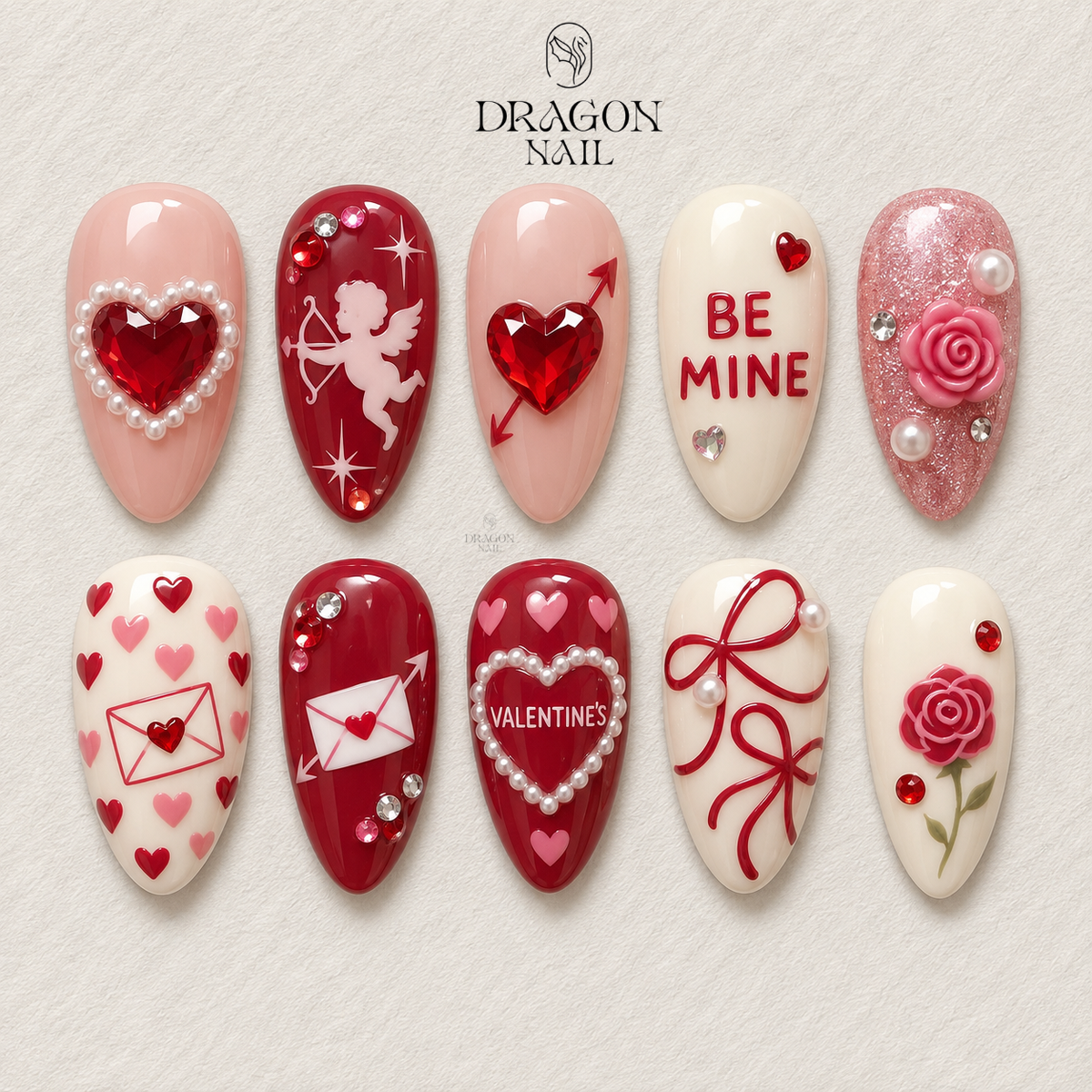 Valentine Cupid & Heart Nails, Red Pink Love Letter Press-On Set, Limited Edition