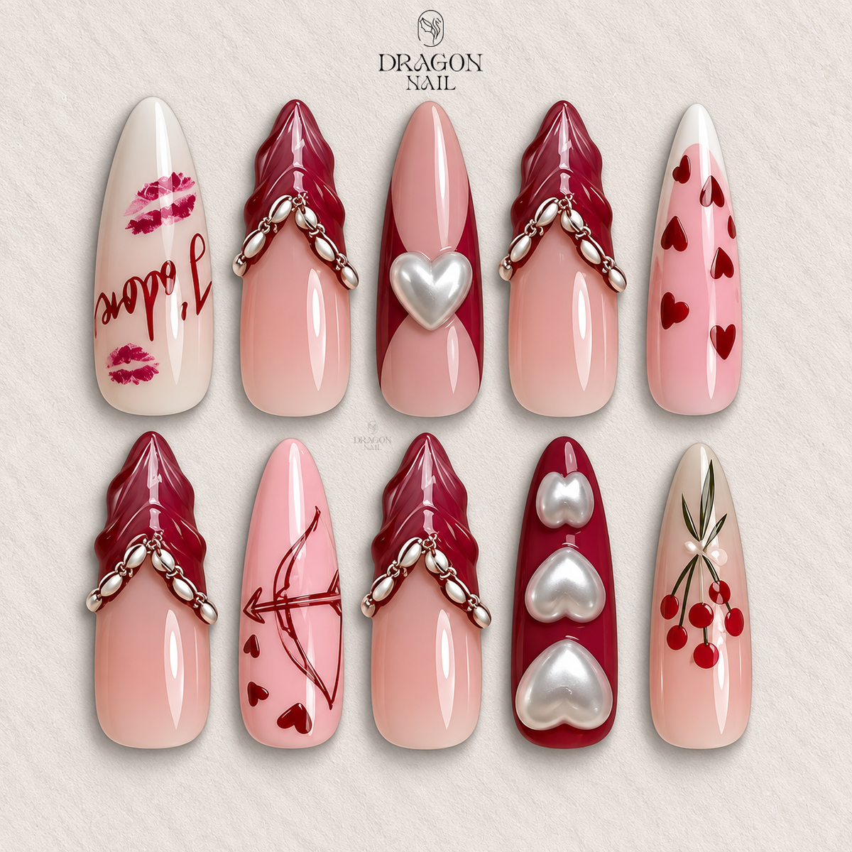 Valentine Glass Heart Nails, Pink Red Jelly 3D Heart
