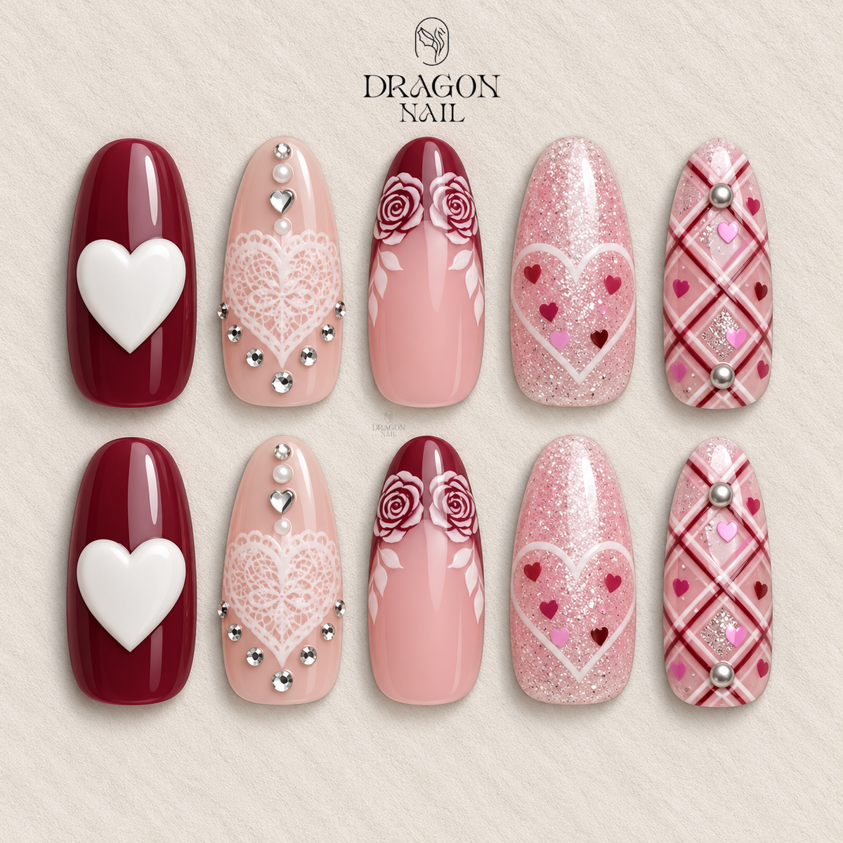 Valentine Heart Lace Nails, Pink & Red Glitter Press-On Set