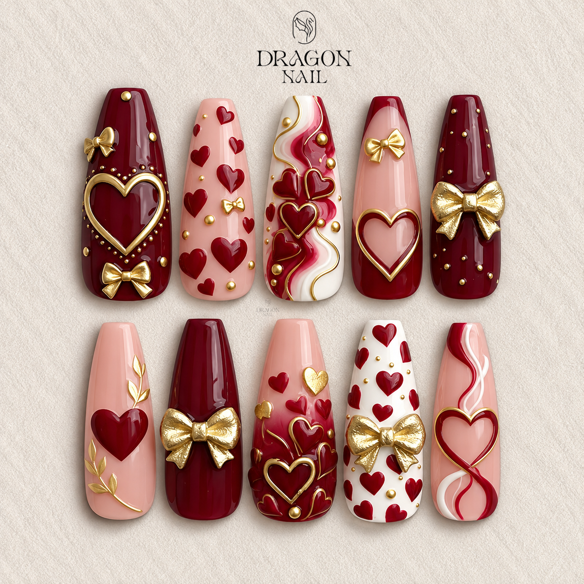 Valentine Heart Nails, Burgundy Pink Press-On Set With Gold Bows & 3D Details, Limited Edition