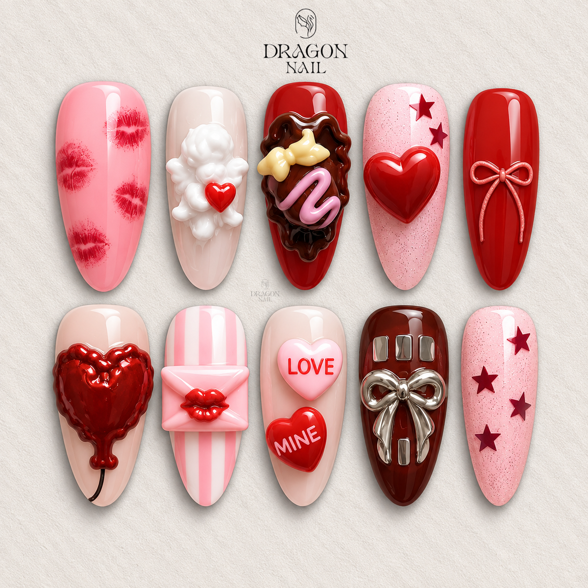 Valentine Nails, 3D Cupid & Heart Candy Press-On Set With Love Letters, Limited Edition