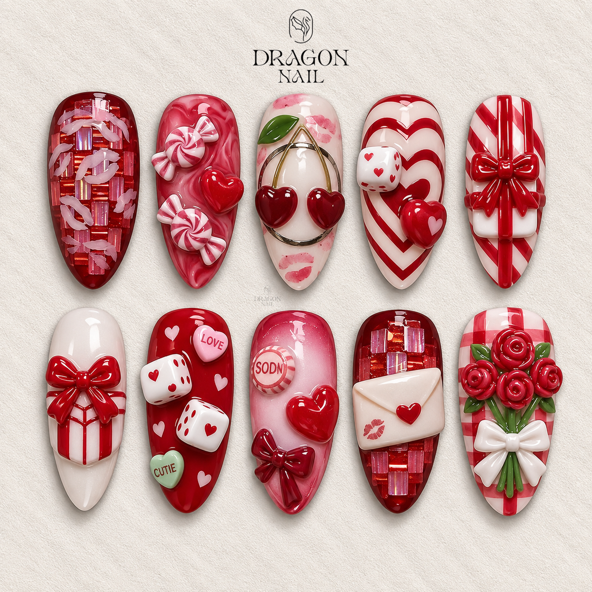 Valentine Nails, 3D Hearts & Candy Bow Press-On Set With Love Letters, Limited Edition